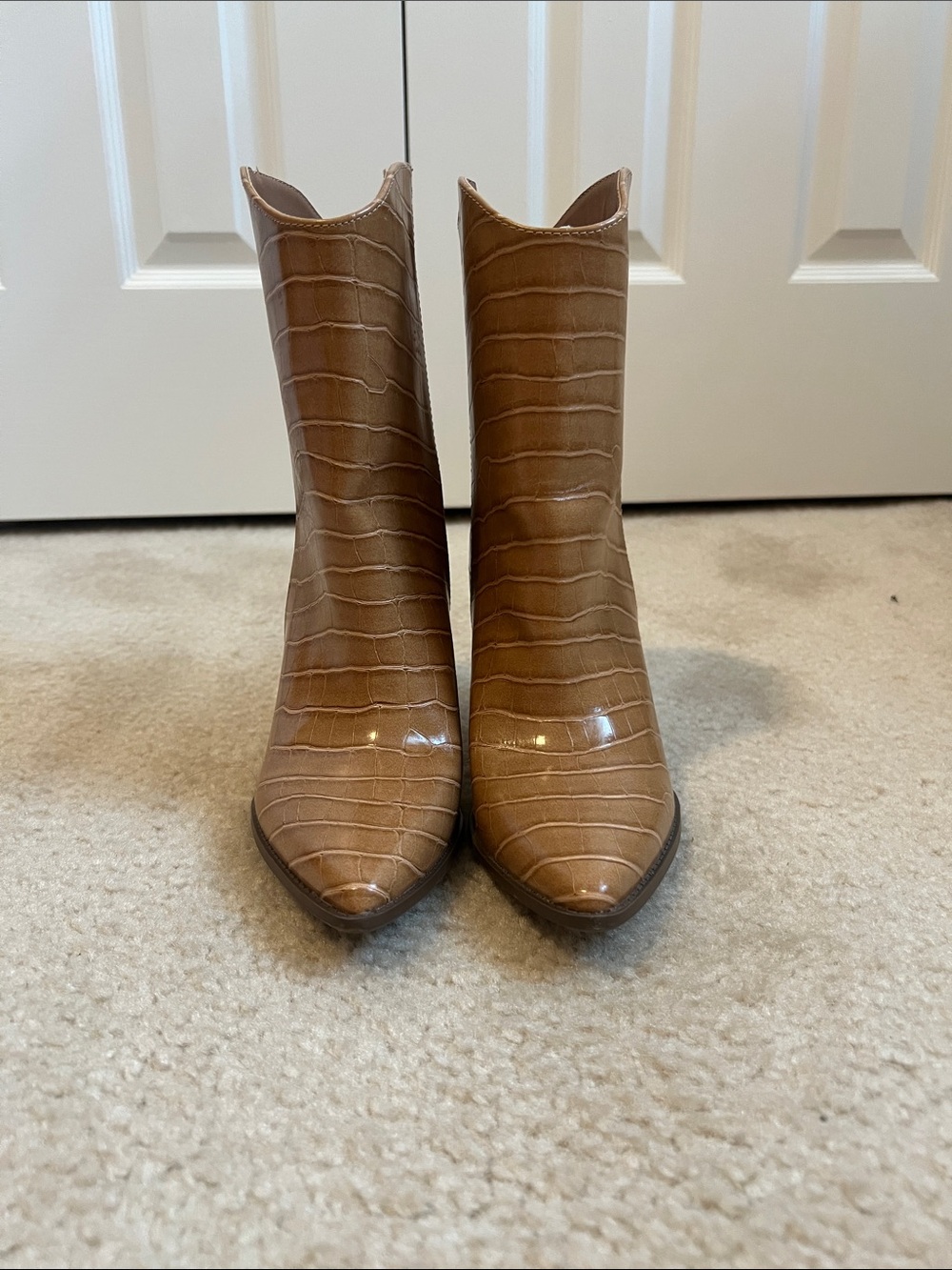 Qupid Neutral Croc-Embossed Pointed Toe Ankle Boots - Women